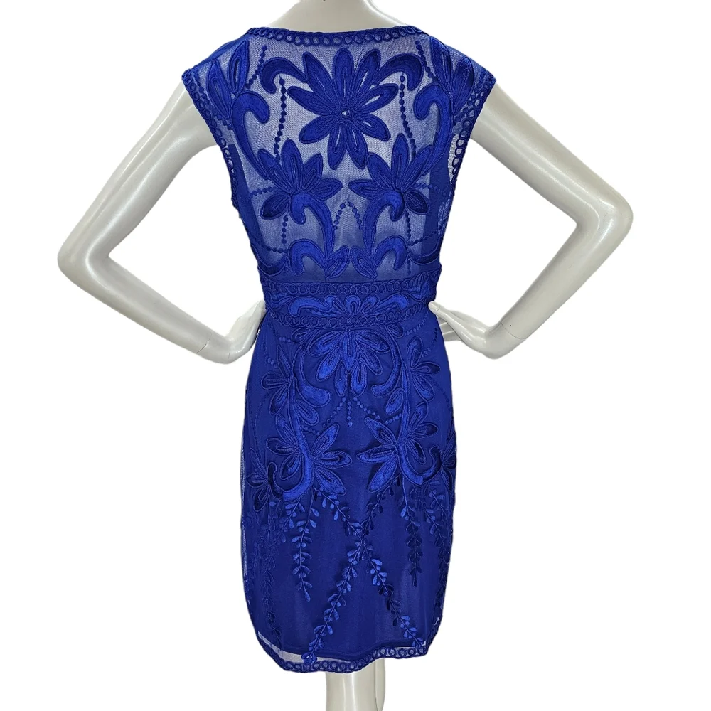 Sue Wong Cocktail Dress Womens Size 10 Cobalt Blue Embroidered Cap Sleeves Lined - Picture 2 of 15